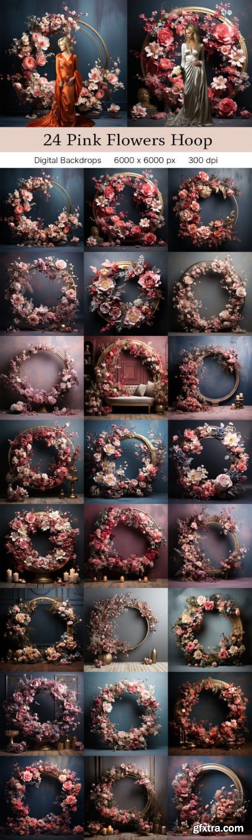 24 Pink Flowers Halo Backdrops