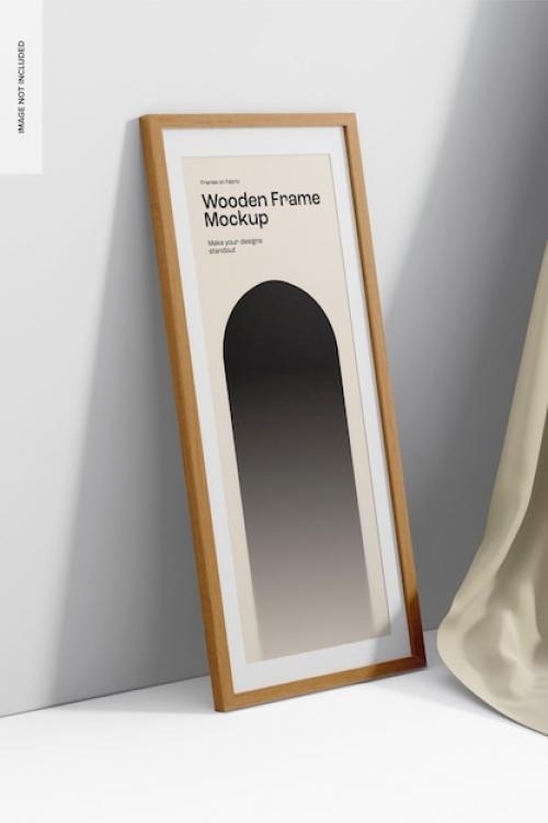 Premium PSD | Wooden frame on fabric stage mockup, leaned Premium PSD