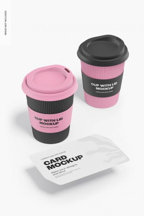 Premium PSD | Cups with lid and business card mockup, perspective Premium PSD