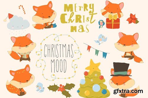 Cute Cartoon Vector Set of Foxes with Christmas 3UPAH87