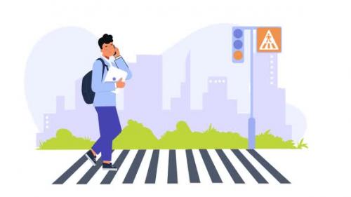 Videohive - Talking On Mobile At Pedestrian Crossing Character Animation Scene - 47935907