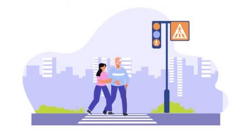 Videohive - Girl Helping Senior Citizen Cross The Street Character Animation - 47935910