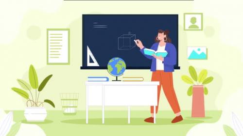 Videohive - Flat Style Animation Of Female Lecturer Teaching On Blackboard - 47936408