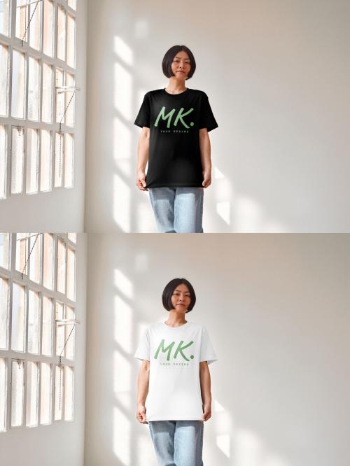 Mockup of Asian woman wearing t-shirt with customizable color, front view 640127046