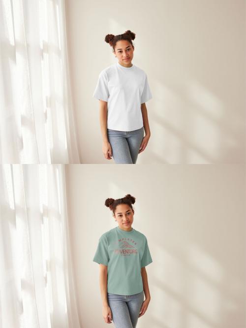 Mockup of woman wearing customizable t-shirt by window 640121532