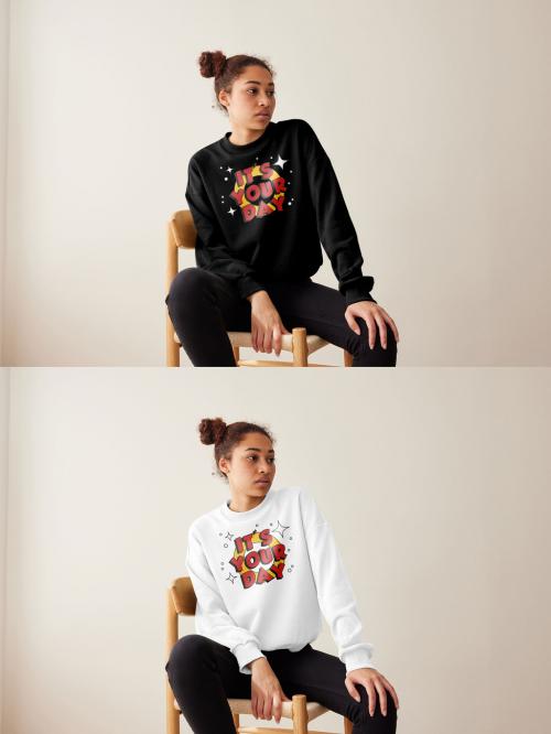 Mockup of woman wearing sweatshirt with customizable color sitting on chair 640120917