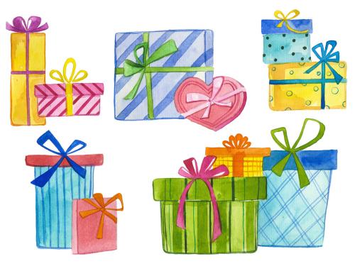 Watercolor painted collection of gift boxes. Hand drawn holiday design elements isolated on white background. 639884336