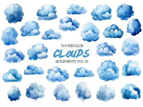 Watercolor painted blue clouds. Hand drawn design elements isolated on white background. 639883930