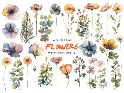 Watercolor painted flowers. Hand drawn flower design elements isolated on white background. 639883810
