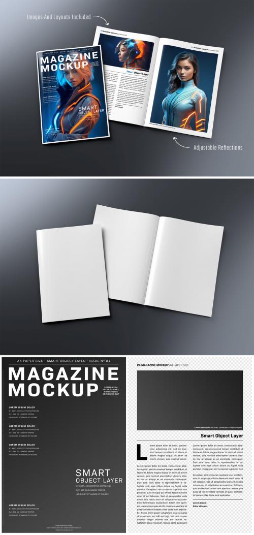 Magazine Cover and Open Magazine Mockup on Dark Background 639518536