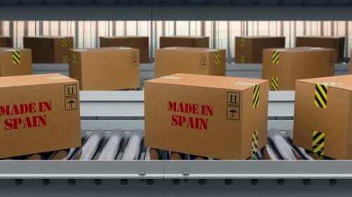 Videohive - Cargo Boxes Made In Spain Text On Roller Conveyor - 48024715