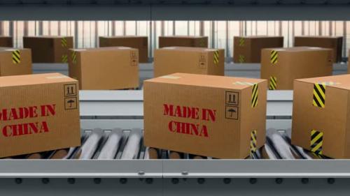 Videohive - Cargo Boxes Made In China Text On Roller Conveyor - 48024719