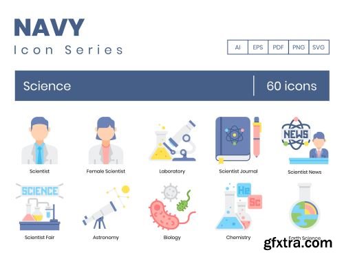 60 Science Icons | Navy Series Ui8.net