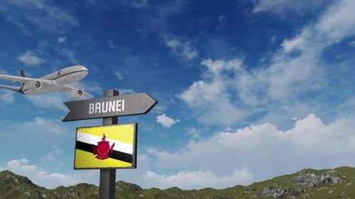 Videohive - Brunei Flag With Airplane And Arrow Sign - 48025321