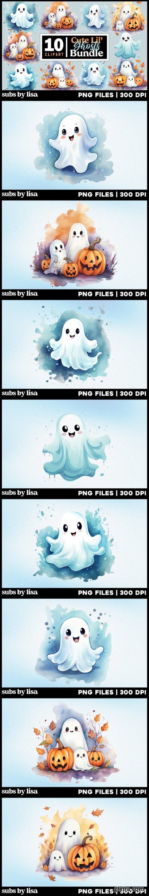 Cute Ghosts Halloween Clipart Bundle PNG