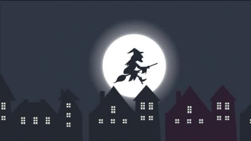 Videohive - Happy Halloween Witch Flying His Broomstick Over Buildings - 48038410