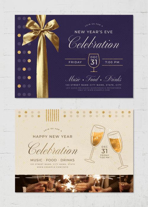 NYE New Year Flyer Card Invite Layout with Purple Gold Accents 638358697
