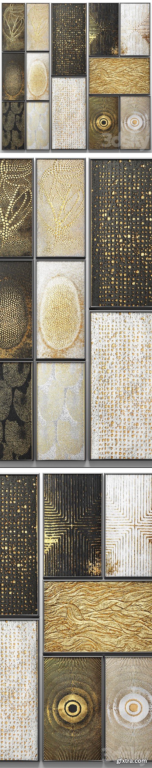 A collection of paintings. Gold. 3. wall decor, a set of paintings, luxury, panels, gold, white, black, set, decorative, abstraction, pattern