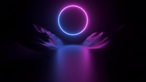 Videohive - 80s synthwave landscape neon gradation mountains circle over horizon.Fly Through Retrofuturist loop - 48035612