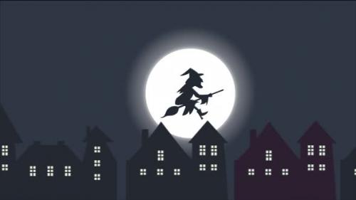 Videohive - Happy Halloween Witch Flying His Broomstick Over Buildings 4K - 48038413