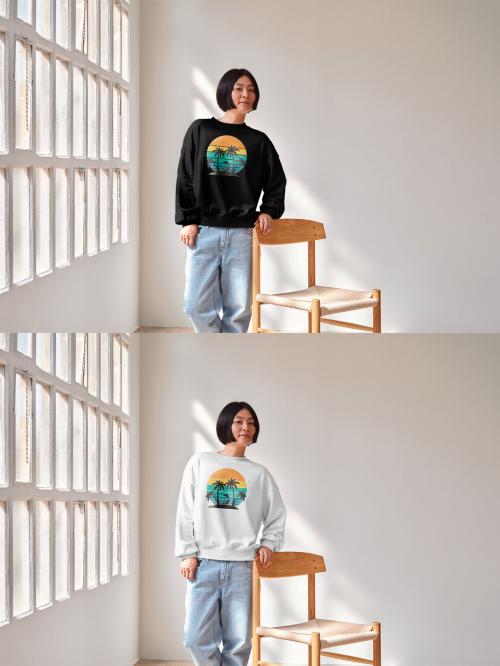 Mockup of Asian woman wearing sweatshirt with customizable color with hand on chair 649155353