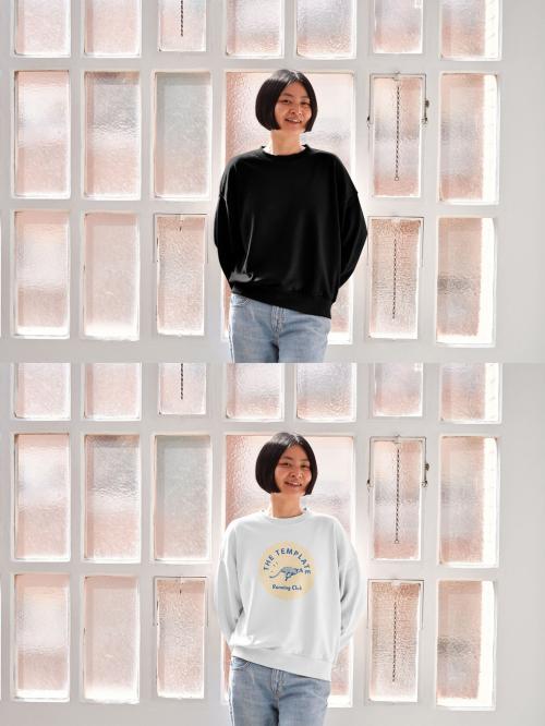 Mockup of Asian woman wearing sweatshirt with customizable color by window 649155212