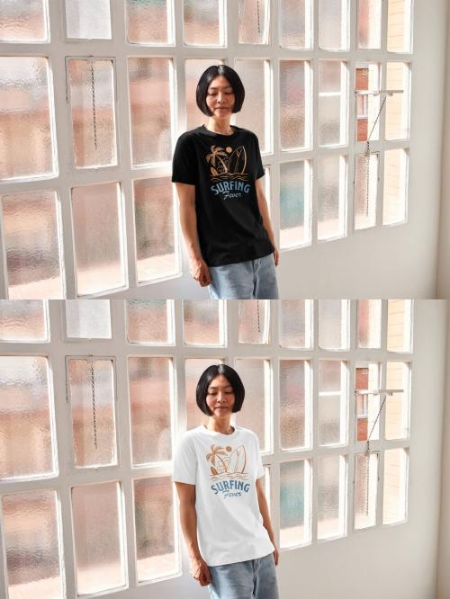 Mockup of Asian woman wearing customizable color t-shirt leaning against window 649153741