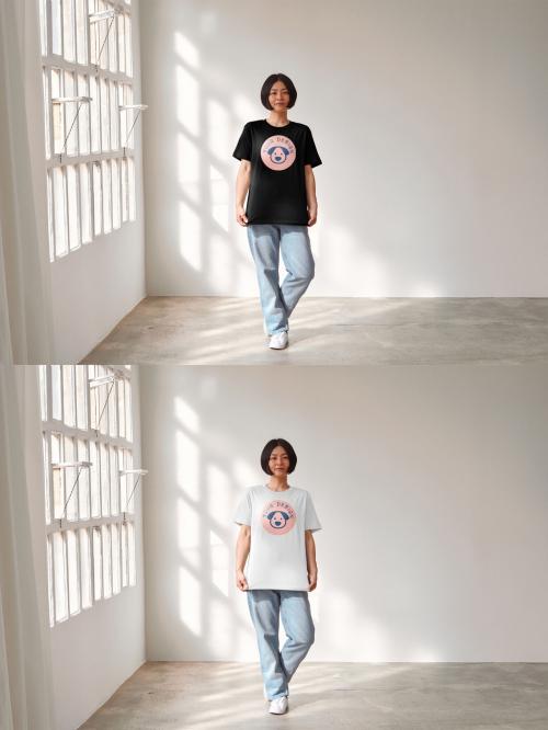 Mockup of Asian woman wearing customizable color t-shirt, full length 649153677