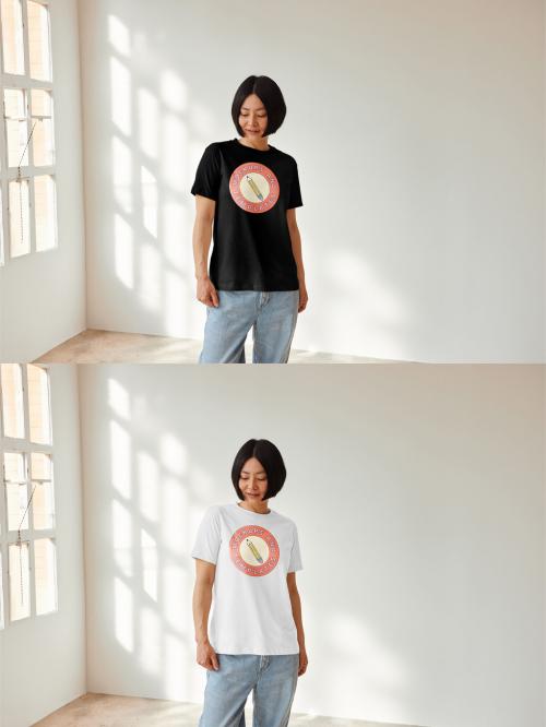 Mockup of Asian woman wearing t-shirt with customizable color and design, front view 649152803
