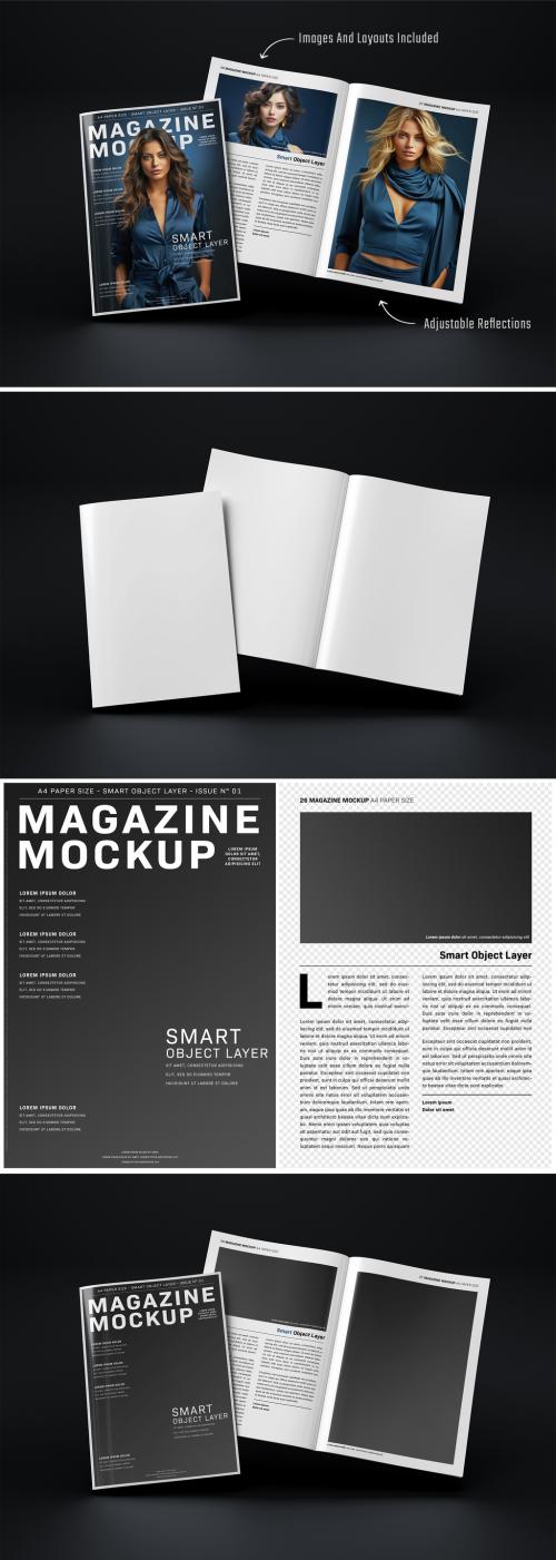 Magazine Cover and Open Magazine Mockup Floating on Dark Background 647115684