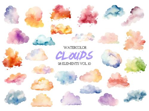 Watercolor painted colorful clouds. Hand drawn design elements isolated on white background. 646516042