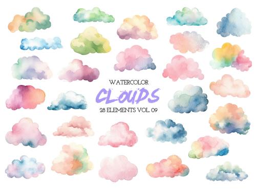 Watercolor painted colorful clouds. Hand drawn design elements isolated on white background. 646516023