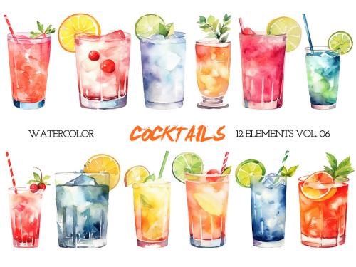 Watercolor painted cocktails clipart. Hand drawn design elements isolated on white background. 646515995