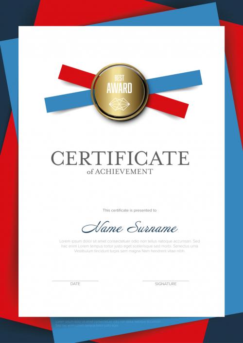 Modern vertical certificate template with blue and red papers 650112062