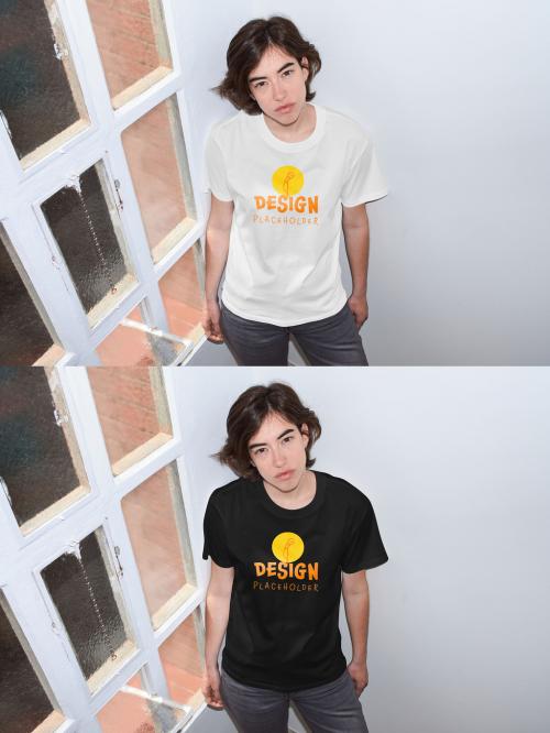Mockup of woman wearing t-shirt with customizable color high angle, camera flash 649147200