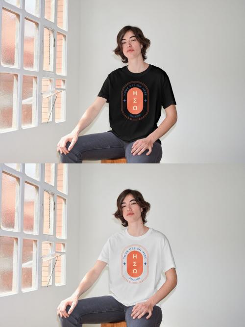 Mockup of woman wearing t-shirt with customizable color by window, camera flash 649146969
