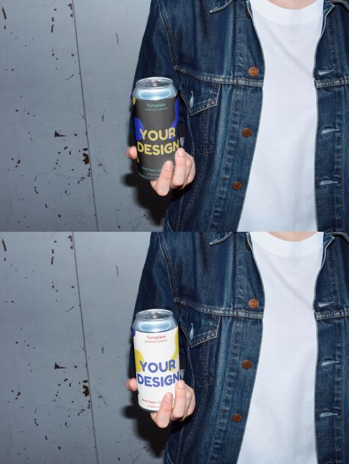 Mockup of woman holding customizable 44 cl beverage can with label, camera flash 649146802