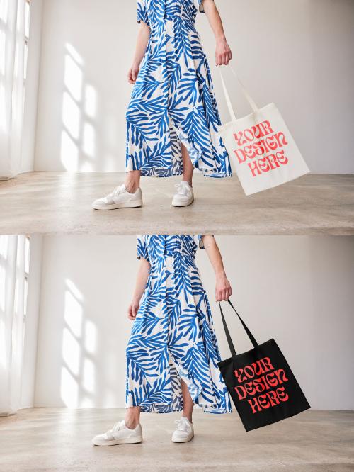Mockup of woman holding customizable tote bag, low section 649146687