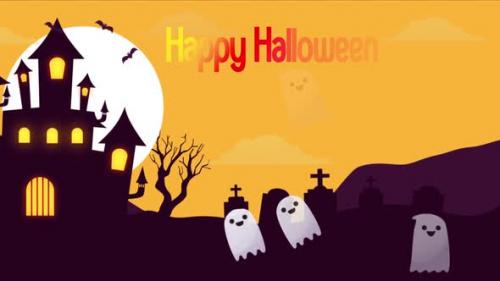 Videohive - Happy Halloween Ghosts, Bats Flying Air Background On Yellow - 48055683