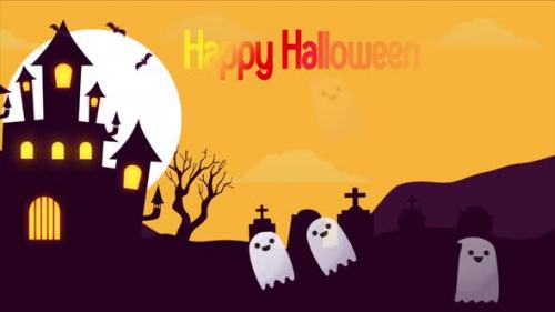 Videohive - Happy Halloween Ghosts, Bats Flying Air Background On Yellow 4K - 48055685
