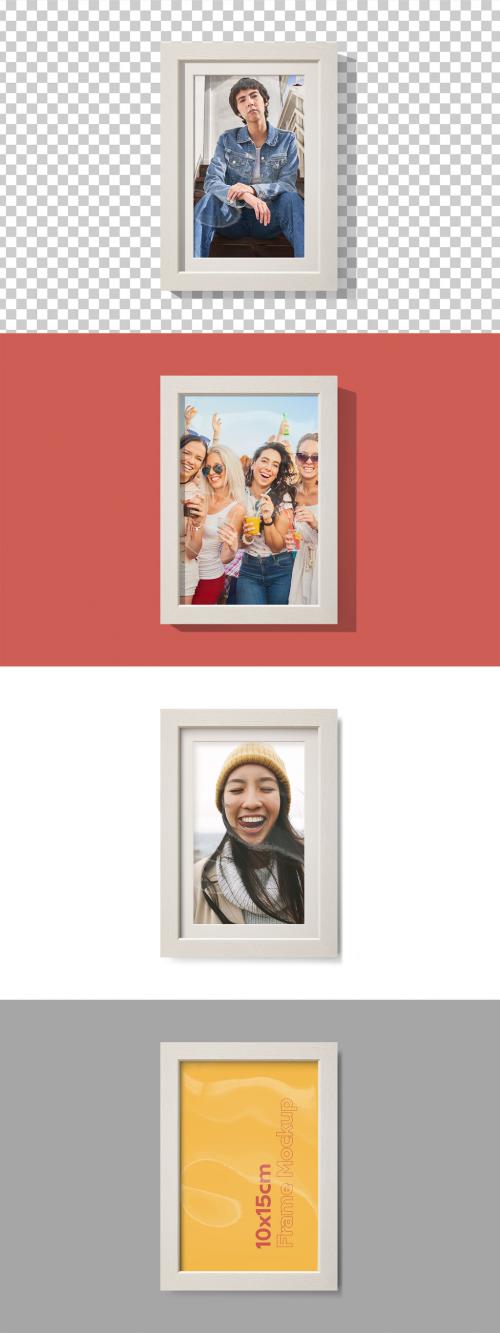 Mockup of vertical white wood frame 10 x 15 cm with customizable background, mount and shadows 646711349