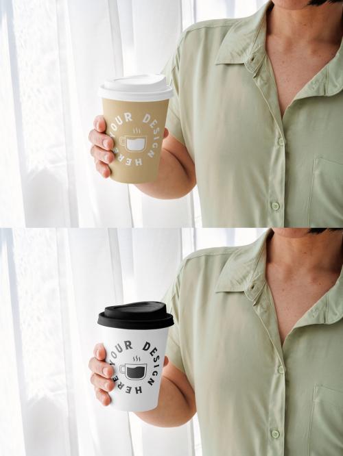 Mockup of woman holding customizable takeaway paper cup with lid, closeup 646710164