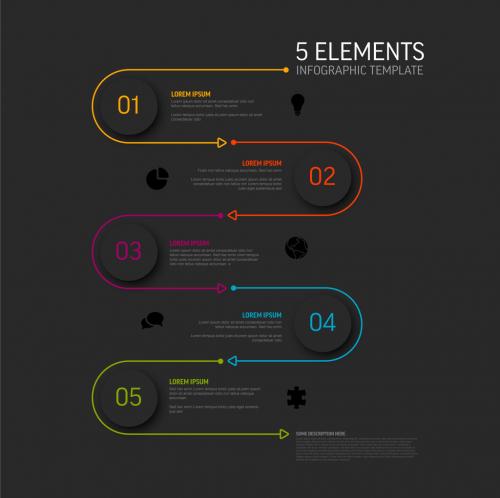 Dark infographic template with five circle step items elements 647274325