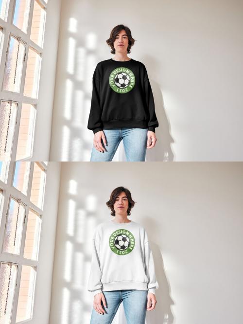 Mockup of woman wearing sweatshirt with customizable color by window, low angle 646705620