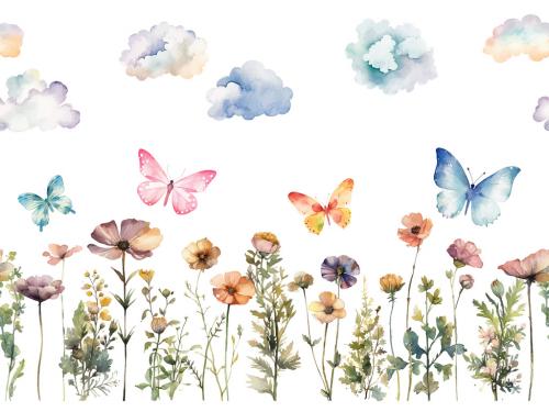 Vector watercolor painted meadow flowers. Horizontal seamless pattern isolated on white background 646950034