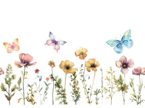 Vector watercolor painted meadow flowers. Horizontal seamless pattern isolated on white background 646950000