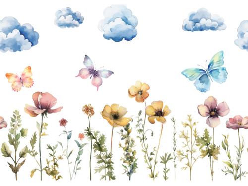 Vector watercolor painted meadow flowers. Horizontal seamless pattern isolated on white background 646949943