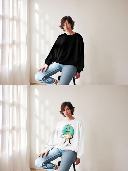 Mockup of woman wearing sweatshirt with customizable color sitting on stool 646701674