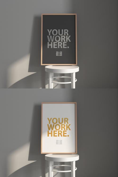 Vertical wooden poster Frame Mockup on white chair 646335179