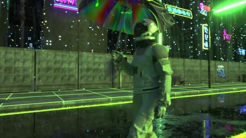 Videohive - Astronaut Walks in the Rain Through a Futuristic City at Night Shiny Umbrella Spacesuit Cyberpunk - 48099136